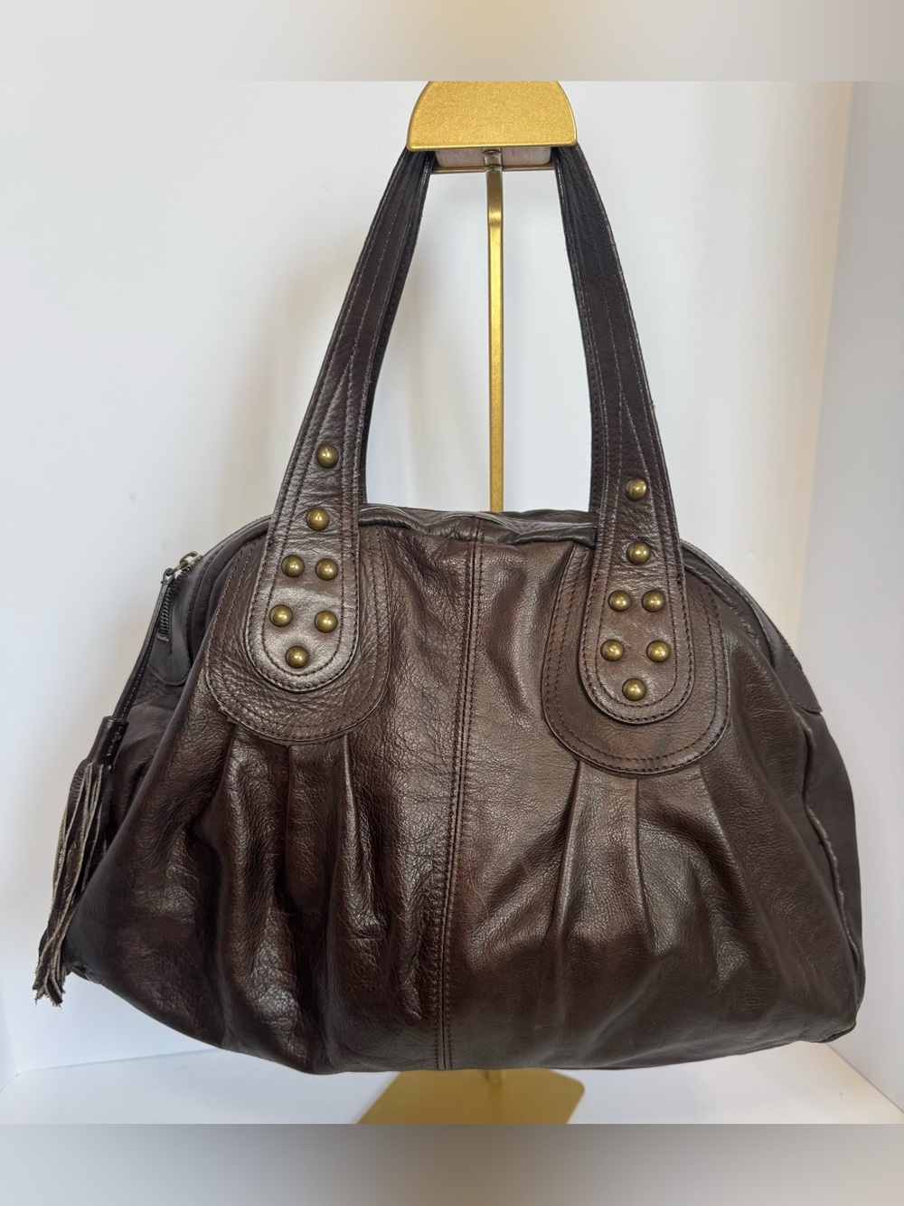 Sundance Italian Leather Studded Satchel Hobo Handbag – Chocolate Brown Boho